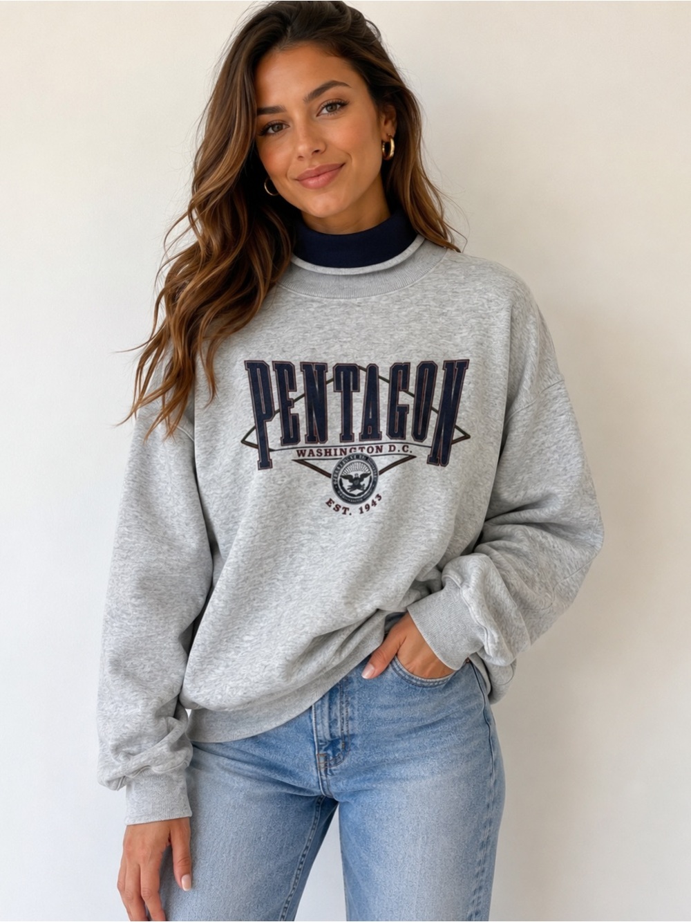 Vintage Pentagon Washington DC Graphic Sweatshirt Mock‎ Neck Gray oversized M